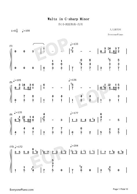 Waltz in C-sharp Minor-Chopin Numbered Musical Notation Preview