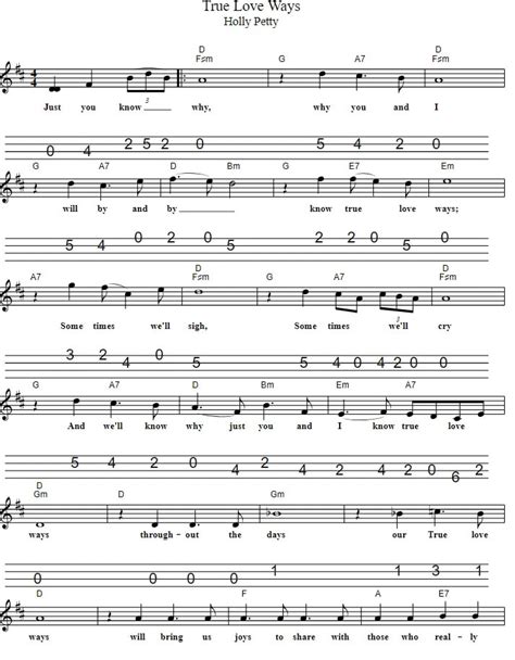 True Love Ways Mandolin Sheet Music Tab - Tenor Banjo Tabs