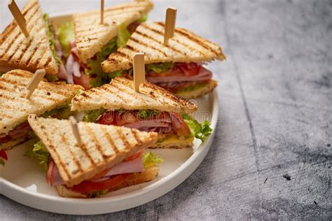 Tasty and Fresh Club Sandwich Served on White Ceramic Plate Stock Image - Image of food, lunch ...