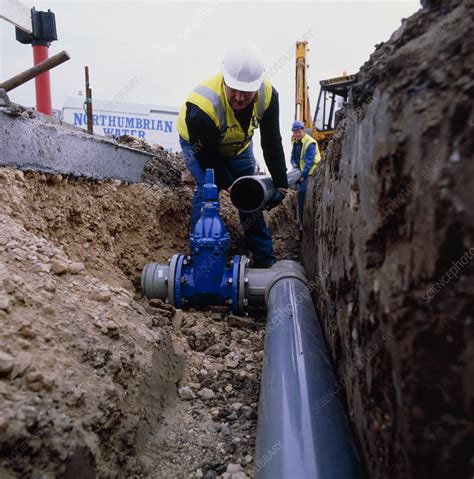 Laying water pipes - Stock Image - T826/0084 - Science Photo Library