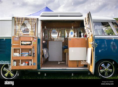 VW Split Screen Volkswagen camper van interior at a VW show. England Stock Photo - Alamy