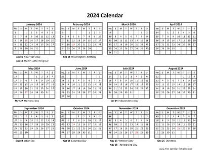 Yearly calendar 2024 printable with federal holidays | Free-calendar ...