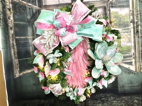 Christmas Wreath in pink and mint, pink wreath, pink Christmas wreath,