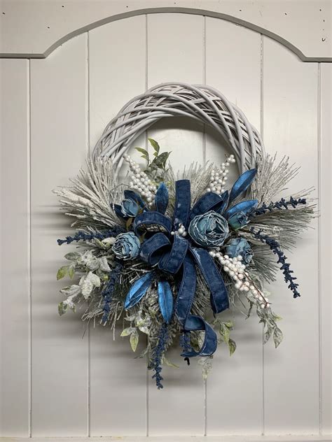 Wreath for Front Door Winter Wreath Blue Dried Rose Blue - Etsy