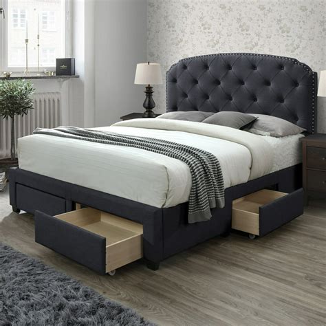 DG Casa Argo Tufted Upholstered Panel Bed Frame with Storage Drawers and Nailhead Trim Headboard ...