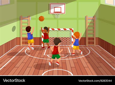 School basketball team playing game kids Vector Image