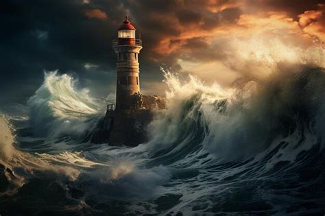 Premium AI Image | Storm with Big Waves over the Lighthouse Generative Ai