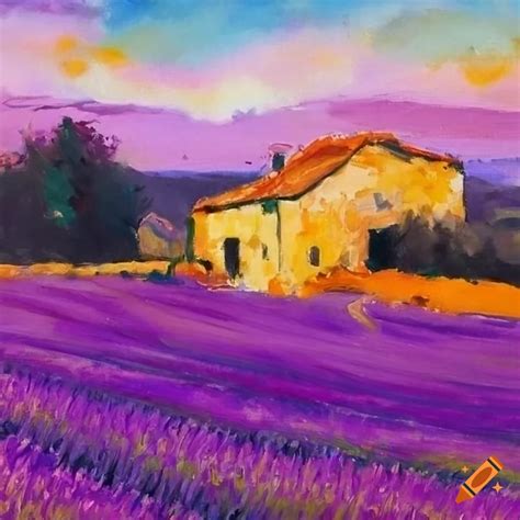 Provence landscape with french country house and lavender fields in detailed oil painting on Craiyon