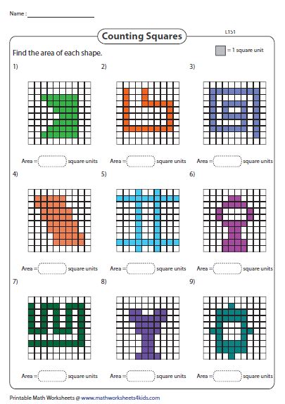 Count the squares to find the area - Level 1 | Area worksheets, Area ...