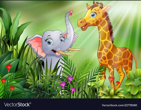 Cartoon of nature scene with elephant and giraffe Vector Image