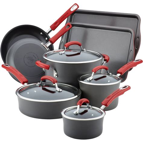 Rachael Ray 12-Piece Hard Anolon Nonstick Pots and Pans Set/Cookware, Gray with Red Handles ...