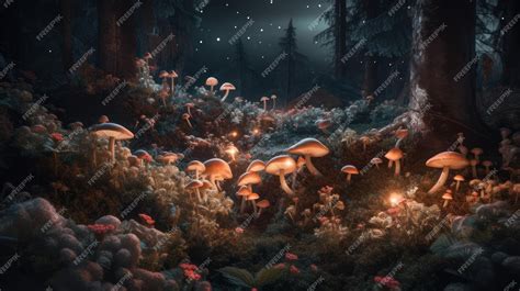 Premium AI Image | A dark forest with mushrooms and a light in the dark