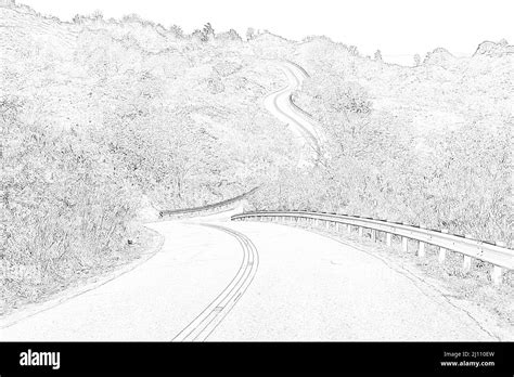 Pencil drawing of a winding paved road leading up a steep hill on Kauai ...