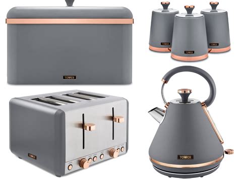 Buy RKW Tower Cavaletto Pyramid Kettle, 4-Slice Toaster, Bread Bin & Set of 3 Canisters in Grey ...