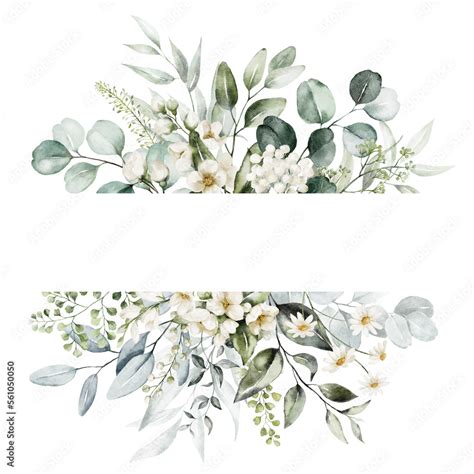 Watercolor floral illustration - white flowers, green and gold leaf ...