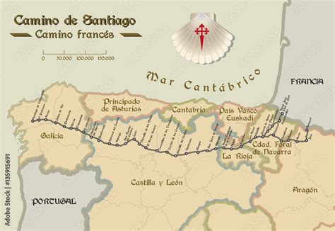 Stockvector Old style map of Saint James way french route. Camino de ...