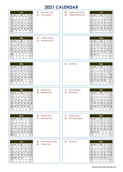 2021 Year at a Glance Word Calendar Template - Free Printable Templates