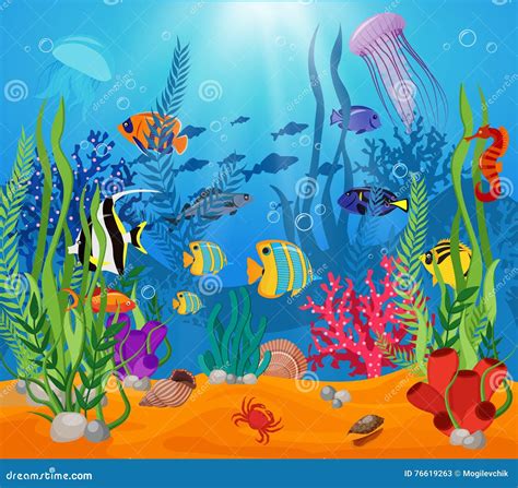 Various Cute Animals At Sea Bottom Vector Illustration | CartoonDealer.com #19573228