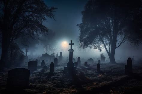 Dark Graveyard at Night, Shrouded in Thick Fog and an Eerie Horror ...