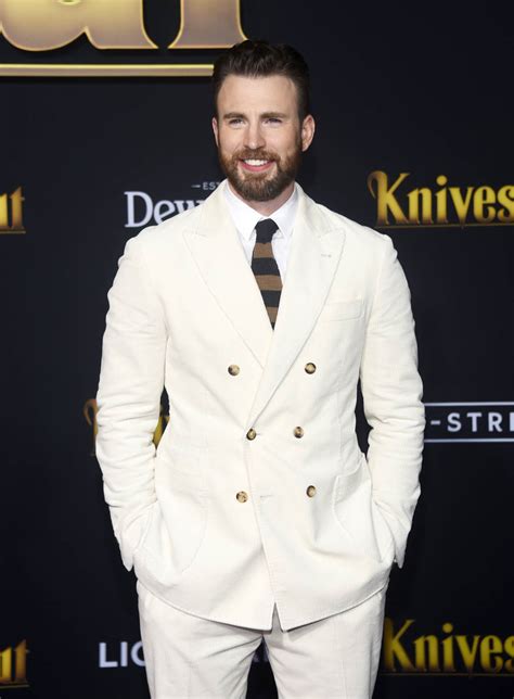 Chris Evans in white corduroy at the Knives Out premiere