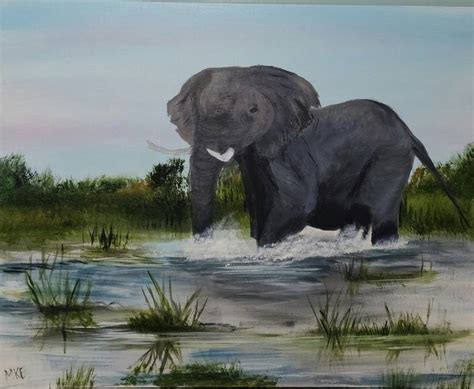 Elephant in water Painting by Mary Ehret | Saatchi Art