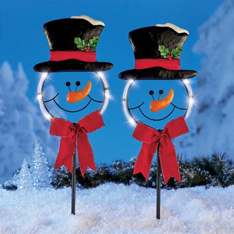 Solar Glowing Snowman Yard Stakes - Set of 2 - Outdoor Holiday Decoration for Yard or Garden ...