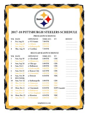 Printable 2017-2018 Pittsburgh Steelers Schedule