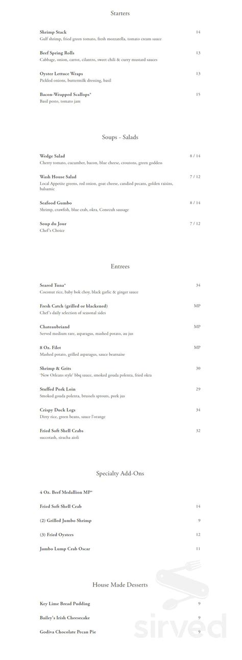 Wash House Restaurant menu in Fairhope, Alabama, USA