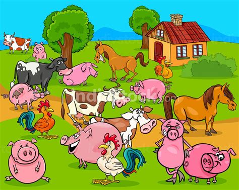 Cartoon Illustration of Country Scene with Farm Animals - indivstock