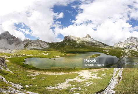 Three Peaks Of Lavaredo Lakes Del Piani Rifugio Locatelli Stock Photo - Download Image Now - iStock