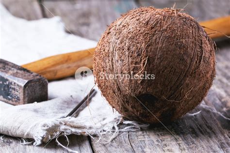 Whole Coconut With Hammer Royalty-Free Stock Image - Storyblocks