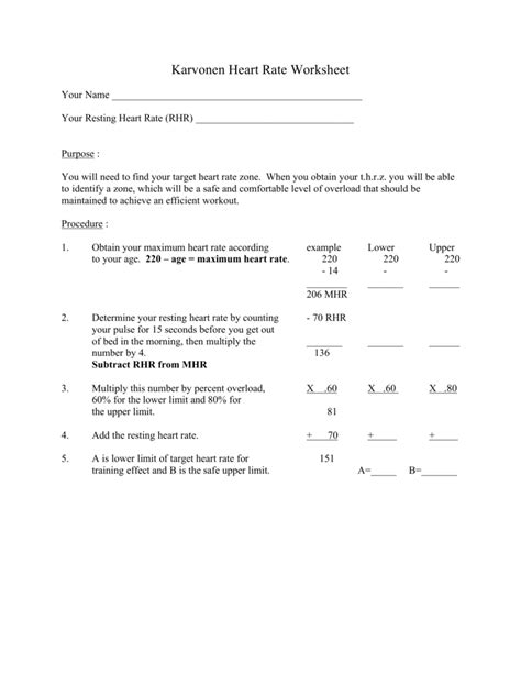 Karvonen Heart Rate Worksheet - Worksheets Library