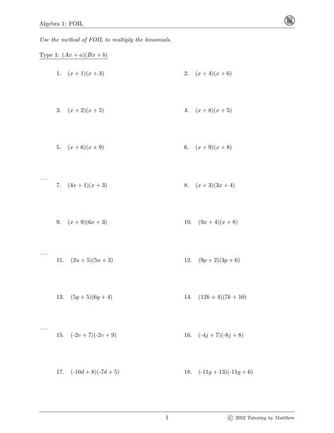 Foil Worksheet – Tutoring by Matthew