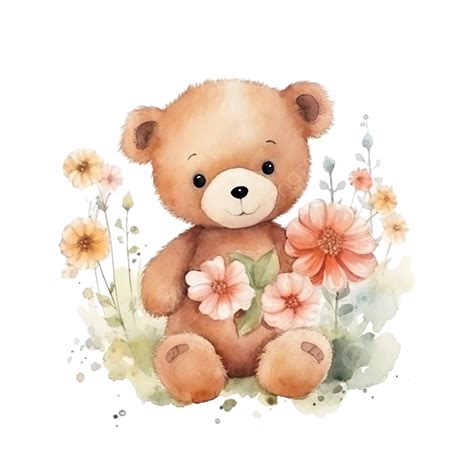 Cute Bear And Flowers Watercolor Illustration, Cute, Baby, Nursery PNG Transparent Image and ...