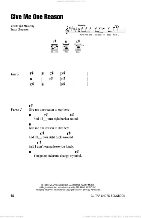 Chapman - Give Me One Reason sheet music for guitar (chords)