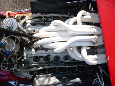 Top view of a Ferrari 312 Formula One racing engine. Seen here in a ...