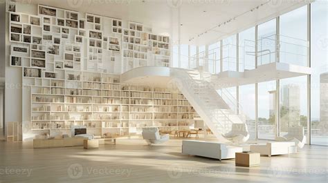 Interior of modern library with white walls, wooden floor, rows of bookcases and bookcases. 3d ...