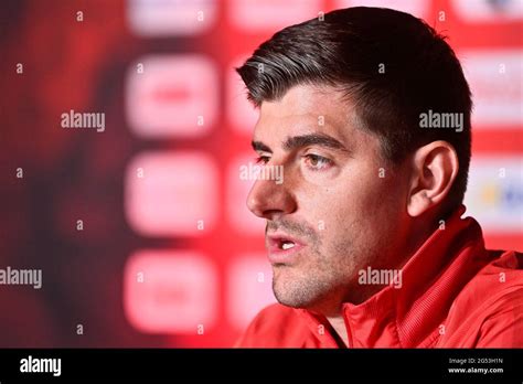 Belgium's goalkeeper Thibaut Courtois pictured during a press ...