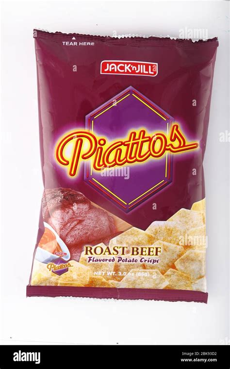 Antipolo City, Philippines - February 6, 2019: Bag of Piattos potato chip snack on an isolated ...