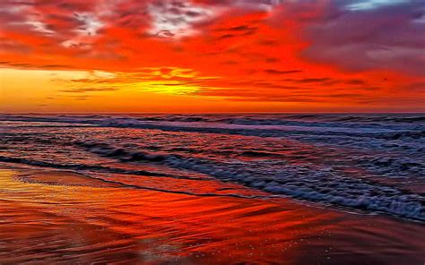 Red Sky Sea, beach, ocean, sunset, reflection, ember, wave, HD ...