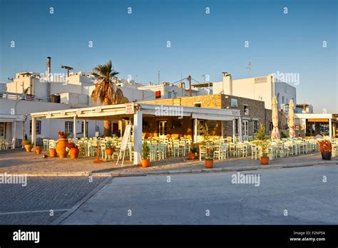 Restaurants in the new port of Naousa village on Paros island, Greece ...