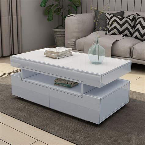 Modern White Coffee Table 4-Drawer Storage Shelf High Gloss Wood Living ...