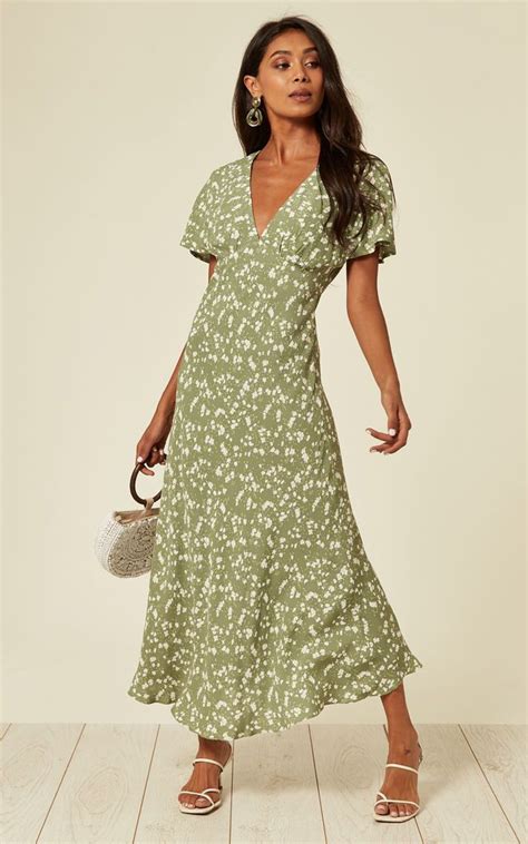 Short Sleeve Midi Dress In Sage Green Ditsy Floral | Another Look ...