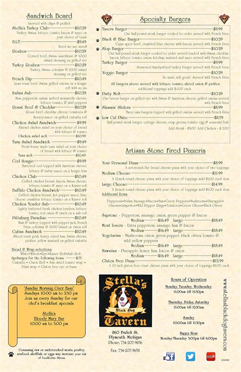 Menu at Stella's Black Dog Tavern pizzeria, Plymouth