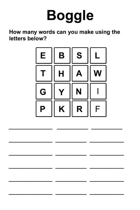 a worksheet with the words boggle on it, and an image of letters below