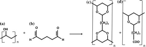 Reaction between poly(vinyl alcohol) (a) and glutaraldehyde (b) to form ...