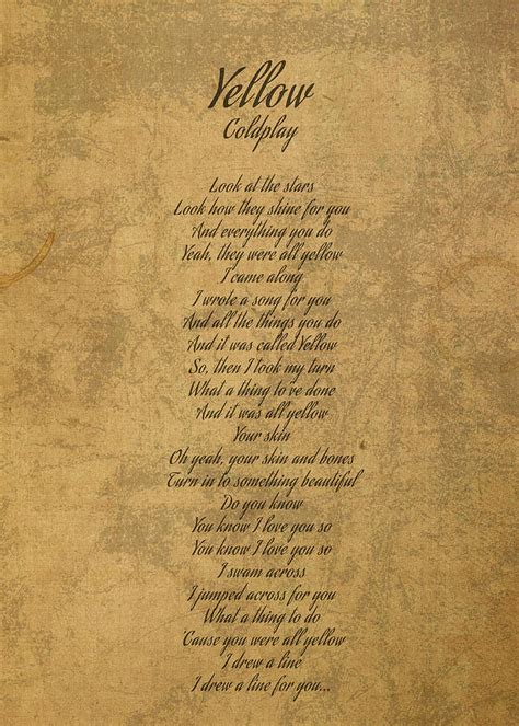 Yellow by Coldplay Vintage Song Lyrics on Parchment Mixed Media by Design Turnpike - Fine Art ...