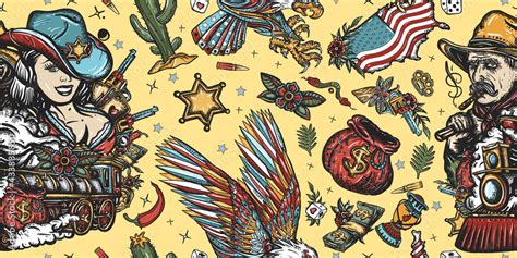 Wild West seamless pattern. Western background. Cowboy girl, digger, eagle, train and USA map ...