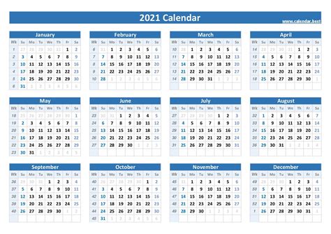 2021 Printable Yearly Calendar With Week Numbers | Images and Photos finder