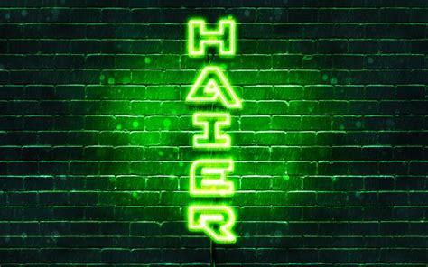 Download wallpapers 4K, Haier green logo, vertical text, green brickwall, Haier neon logo ...